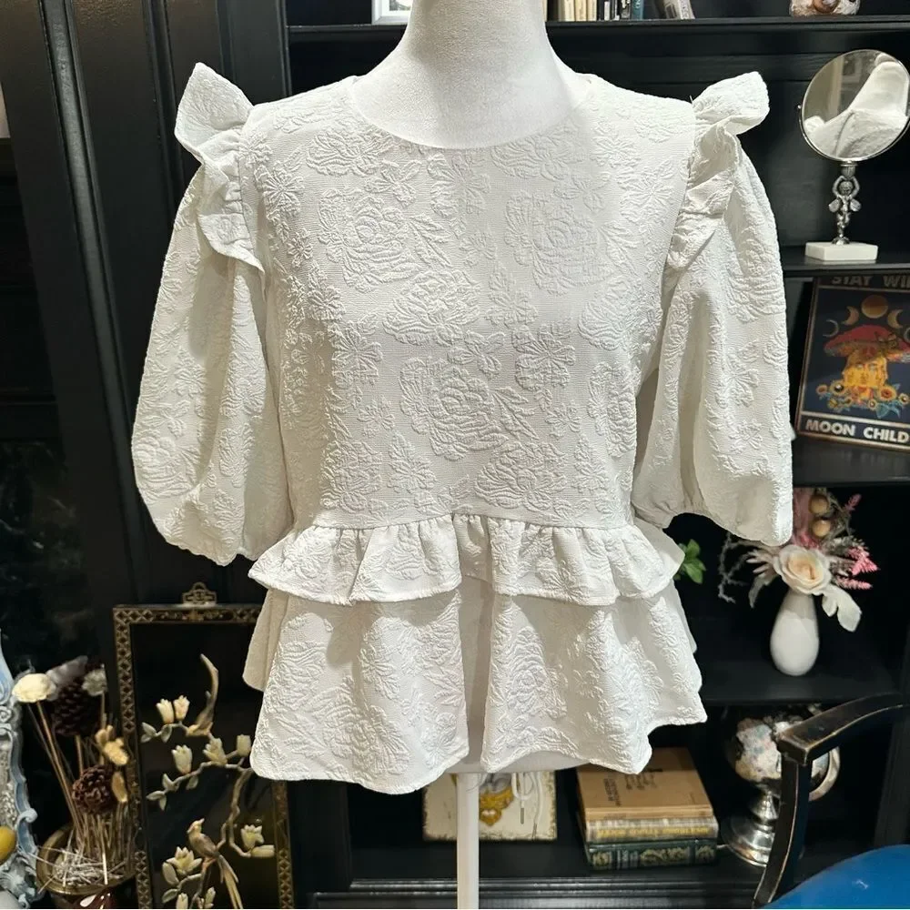 Anthropologies Free the Roses White Rose Tiered Blouse Size M